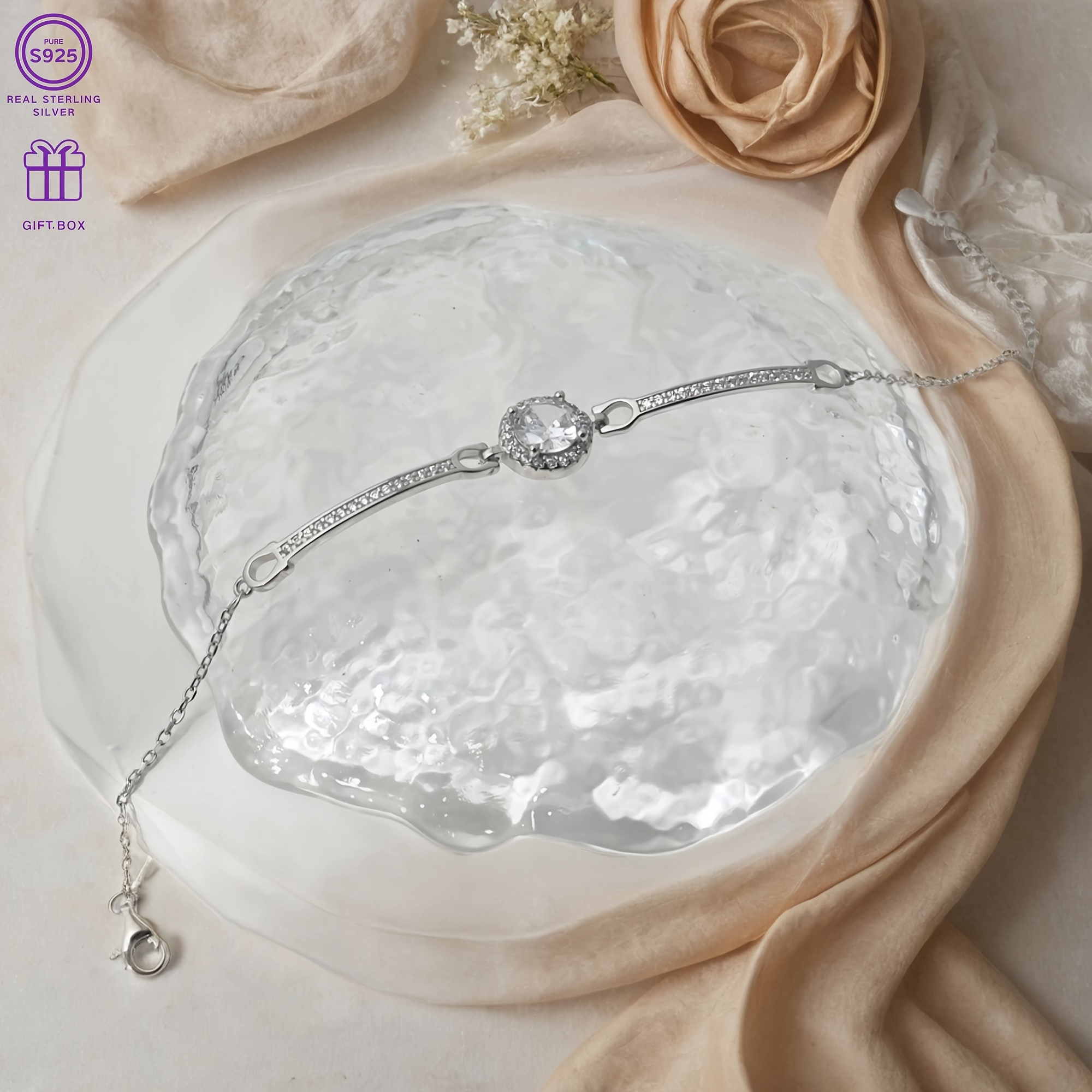 S925 Silver Sun Bracelet with Clear Zirconia Charm